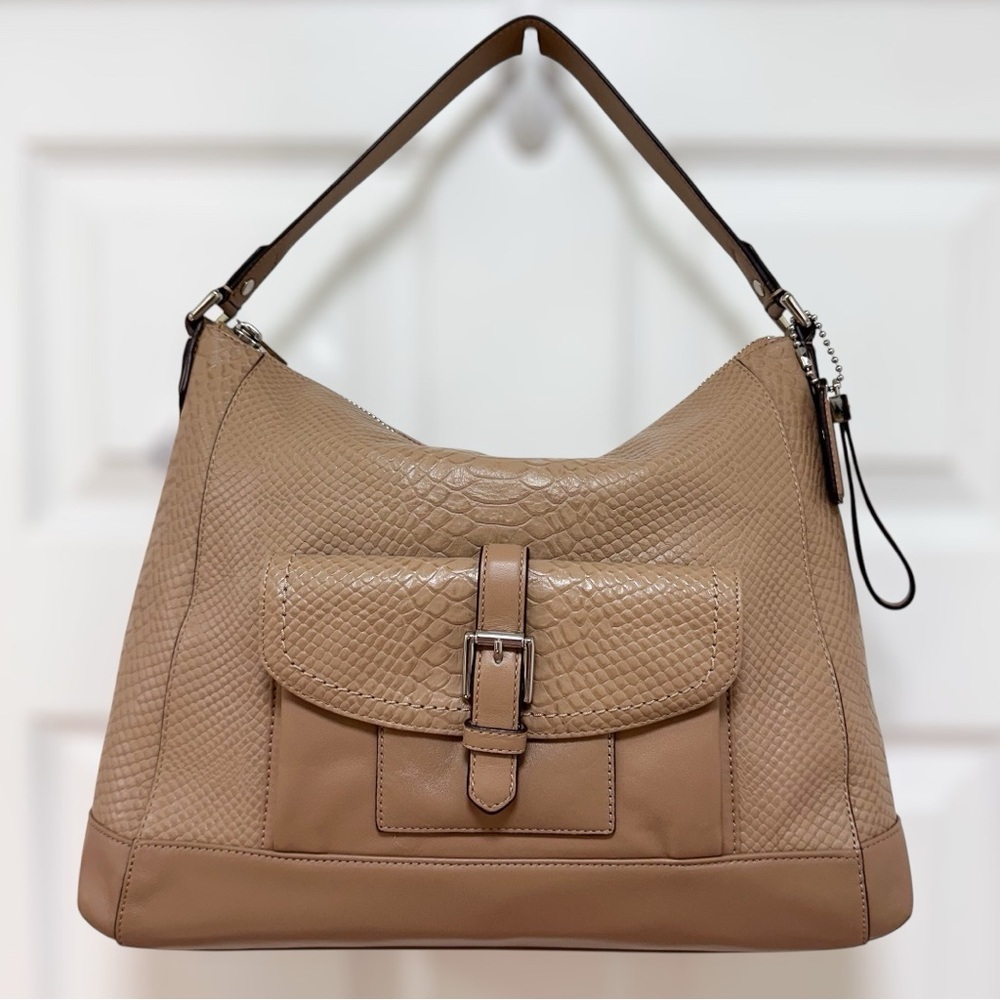 Coach Charlie Python Embossed Leather Hobo Bag Parchment Tan NWT
